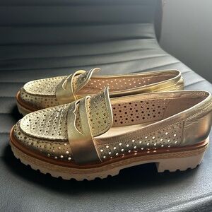 Nine West Gold Flats with Perforated Design and Bow Detail